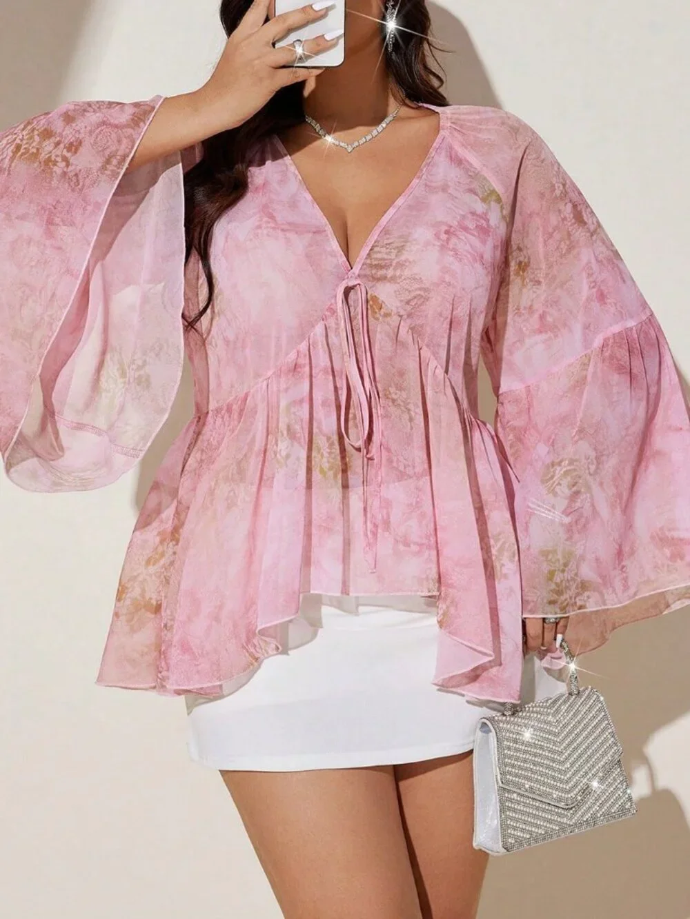 Pink Boho Women's Plus Size Tie Dye Chiffon Blouse